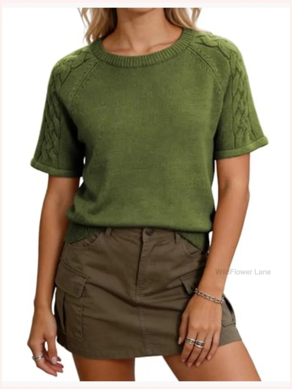 Short Sleeve Crew Neck Cable Knit Pullover Loose Fit Boxy Sweater Top Blouse